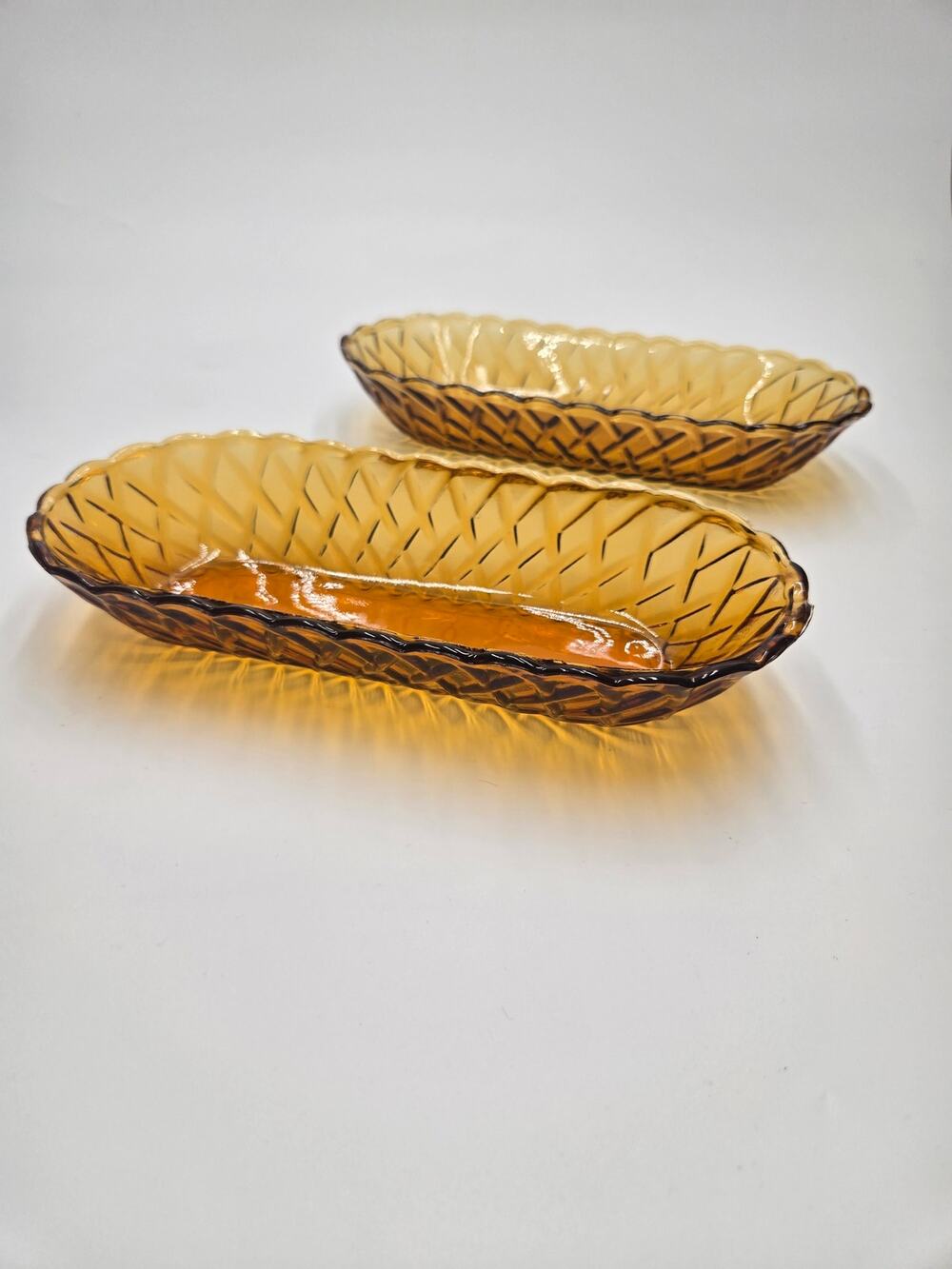 Vintage Indiana Glass Pretzel #622 Amber Carnival Celery Relish Dishes Set 2